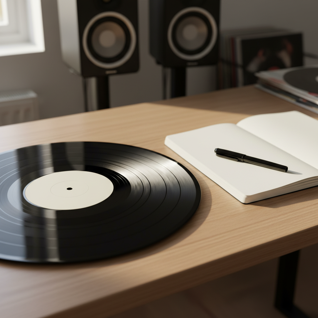 A close-up, photographic realism shot of a single black vinyl record lying flat on a smooth, light oak desk beside an open, blank notebook and a fine-tip pen. The record’s grooves are sharply defined, with a minimalist cream center label that has no text, suggesting any album. Soft afternoon window light from the left creates subtle reflections across the glossy vinyl and gentle shadows from the notebook’s pages. In the background, slightly out of focus, a pair of studio monitor speakers and neatly stacked records hint at a serious listening space. Composed at a slightly elevated angle with shallow depth of field, the mood is professional, contemplative, and clean, perfectly suited for an album review blog header.